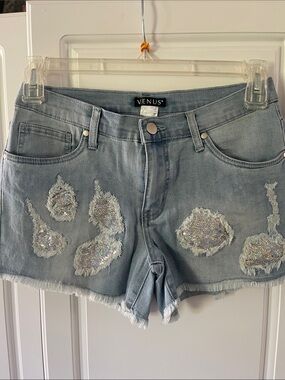 VENUS Light Blue Sequin Distressed Denim Shorts